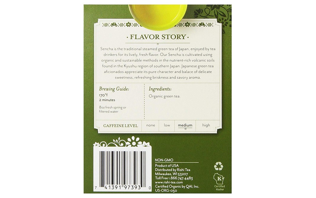 Rishi Tea Organic Green Tea, Sencha   Box  15 pcs